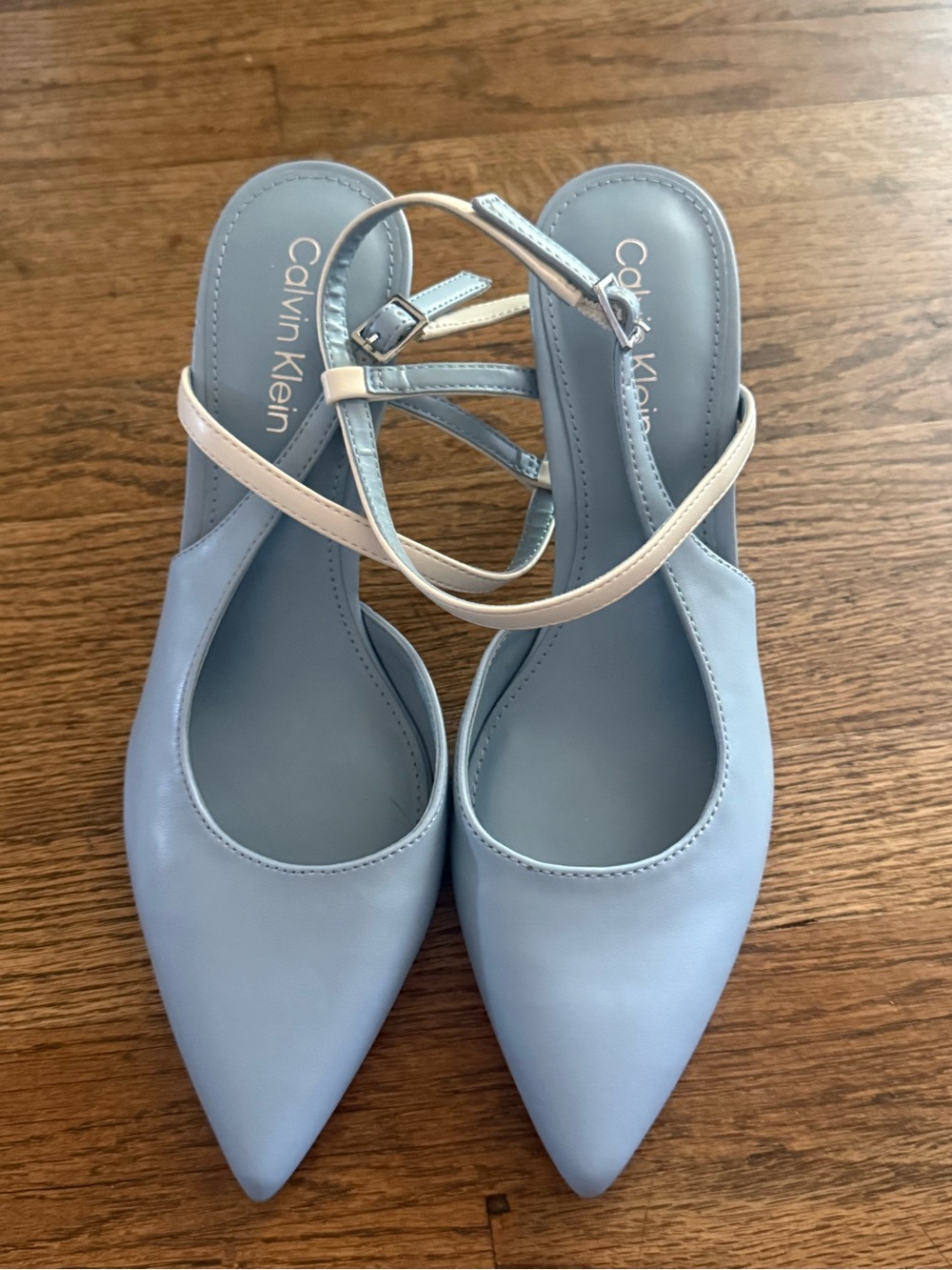 Calvin Klein Powder Blue Pointed-Toe Slingback Heels with Cream Strap